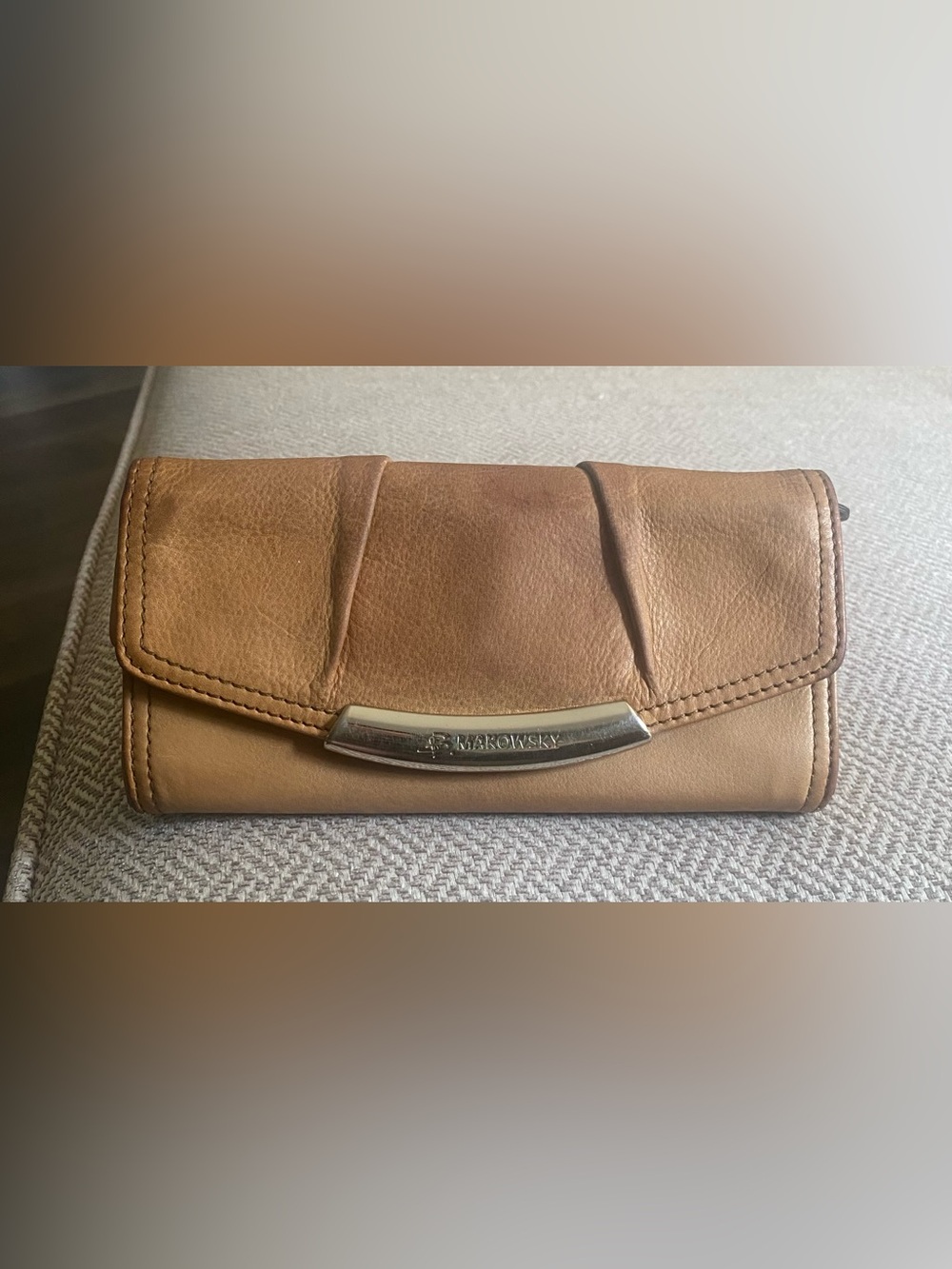 b. makowsky Tan Brown Leather Fold-Over Wallet with Metal Logo Accent